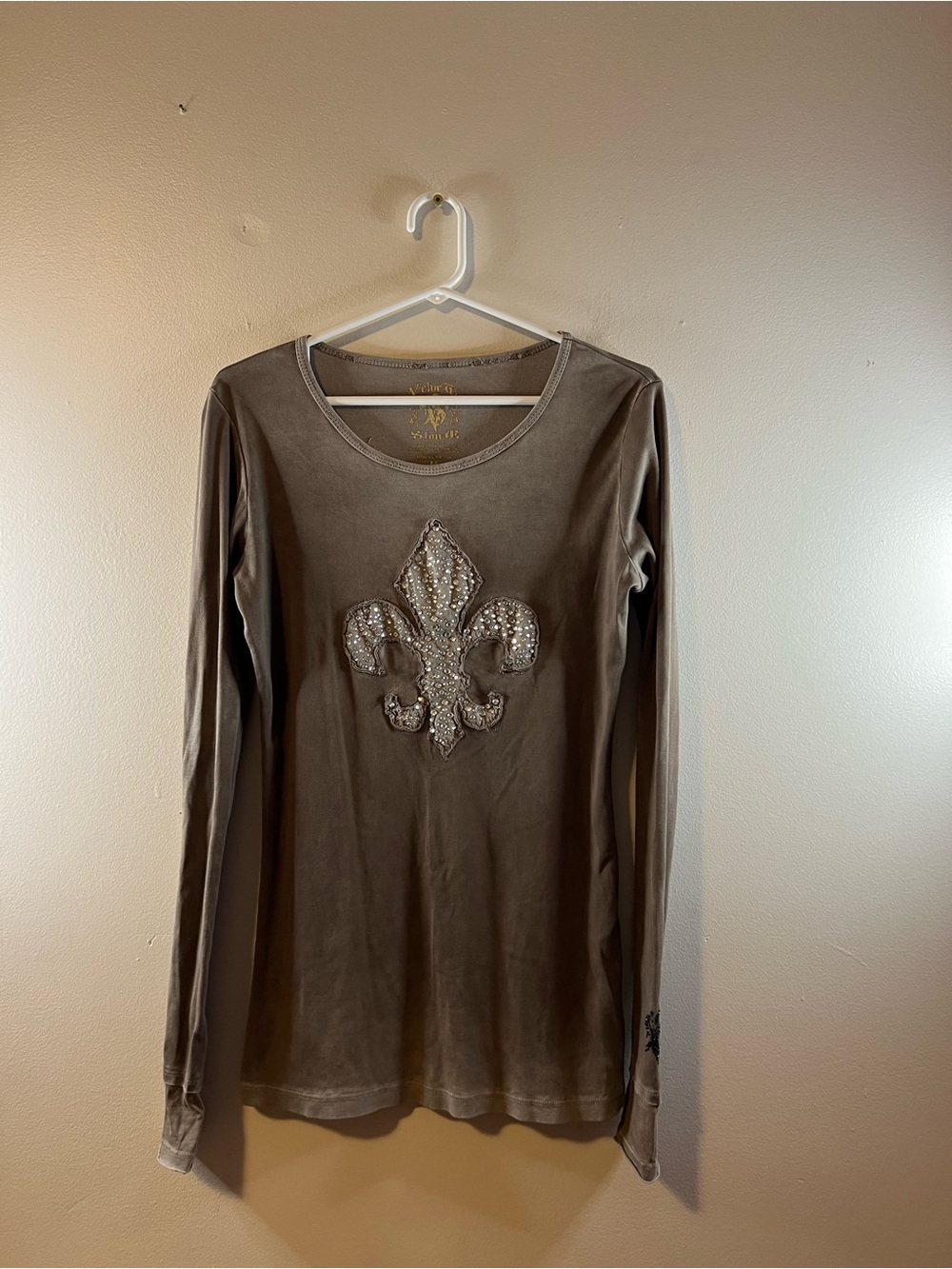 Velvet Stone Long-Sleeve Embellished Fleur-de-Lis Tee
